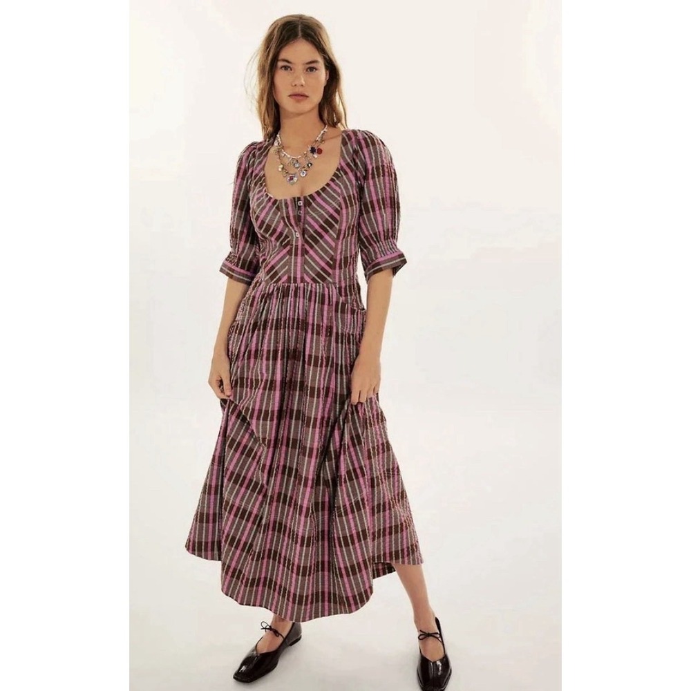 Free People Tulie Plaid Midi Dress Medium Puff Sleeve Scoop Neck Cotton NEW